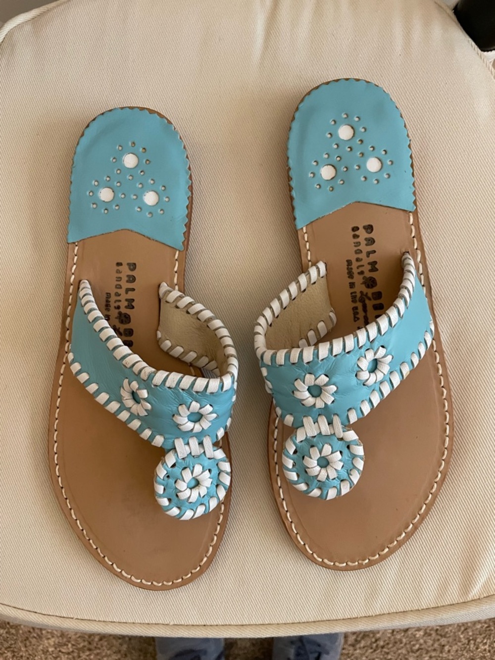 Palm Beach Sandals Women's Blue and White Leather Slide Sandals